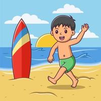 cartone animato ragazzo carino e tavola da surf in vacanza estiva, ragazzo cartone animato sulla spiaggia, illustrazione cartone animato vettoriale