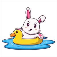 simpatico cartone animato coniglietto con anello gonfiabile anatra, coniglio cartone animato in vacanza estiva, illustrazione cartone animato vettoriale