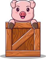 maiale simpatico cartone animato in una scatola di legno, illustrazione vettoriale cartone animato