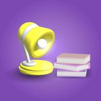 libri e lampada isolati su sfondo viola, istruzione, studente, illustrazione vettoriale di rendering 3d