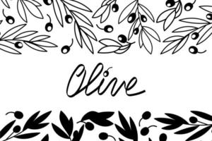 modello di banner di olivo. sfondo in stile doodle disegnato a mano. iscrizioni disegnate a mano. design per olio d'oliva, packaging per olive, cosmetici naturali, prodotti per la salute vettore