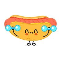 simpatico personaggio hotdog divertente con manubri. icona dell'illustrazione del carattere kawaii del fumetto disegnato a mano di vettore. isolato su sfondo bianco. concetto di palestra di carattere hotdog vettore