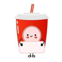 carino divertente tazza di plastica rossa bevanda fredda cola e paglia poster personaggio. illustrazione del personaggio di kawaii del fumetto disegnato a mano di vettore. sfondo bianco isolato. poster di paglia di coca cola bevanda fredda tazza di plastica rossa vettore