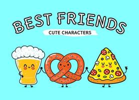 carino, divertente bicchiere di birra, pizza e pretzel. personaggi kawaii del fumetto disegnato a mano di vettore, icona dell'illustrazione. divertente cartone animato bicchiere di birra, pizza e pretzel mascotte amici concetto vettore