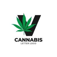 lettera v con elemento di design del logo vettoriale foglia di cannabis