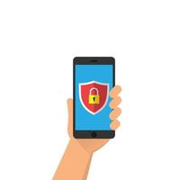 sicurezza, protezione.uno scudo con un lucchetto è raffigurato sullo schermo dello smartphone.illustrazione vettoriale di un telefono nella mano di un uomo.