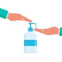 sapone liquido per la disinfezione delle mani. sapone in una bottiglia di plastica con un dispenser. concetto di combattere virus e batteri. l'uomo si lava le mani con il sapone. vettore