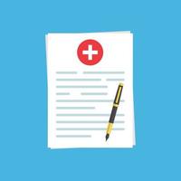 documento di assicurazione medica o contratto e penna a sfera. vettore