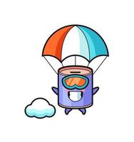 Il fumetto della mascotte del salvadanaio del cilindro sta facendo paracadutismo con un gesto felice vettore