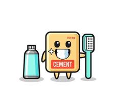 illustrazione della mascotte del sacco di cemento con uno spazzolino da denti vettore