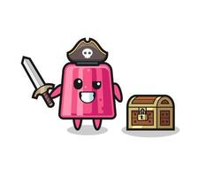 il personaggio dei pirati di gelatina che tiene la spada accanto a una scatola del tesoro vettore