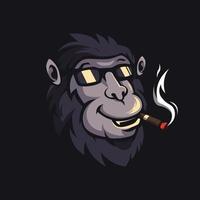 scimmia babbuino con gli occhiali mentre fuma, illustrazione del design del logo della mascotte vettore