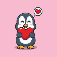 simpatico personaggio dei cartoni animati del pinguino che tiene il cuore di amore vettore