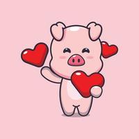 simpatico personaggio dei cartoni animati di maiale che tiene il cuore di amore nel giorno di San Valentino vettore