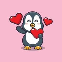 simpatico personaggio dei cartoni animati del pinguino che tiene il cuore d'amore nel giorno di San Valentino vettore