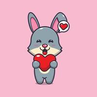 simpatico personaggio dei cartoni animati di coniglio che tiene il cuore di amore vettore