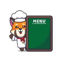 simpatico personaggio dei cartoni animati della mascotte del cuoco unico del panda rosso con la scheda del menu vettore