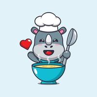 simpatico personaggio dei cartoni animati della mascotte del cuoco unico del rinoceronte con la zuppa vettore