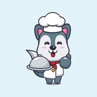 simpatico personaggio dei cartoni animati della mascotte del cuoco unico del lupo con il piatto vettore