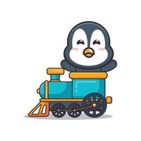 simpatico personaggio dei cartoni animati della mascotte del pinguino giro in treno vettore
