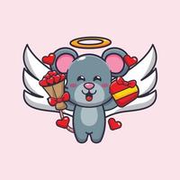 simpatico personaggio dei cartoni animati di cupido del topo che tiene un regalo d'amore e un bouquet d'amore