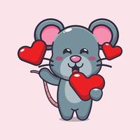 simpatico personaggio dei cartoni animati del topo che tiene il cuore d'amore nel giorno di San Valentino vettore