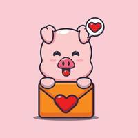simpatico personaggio dei cartoni animati di maiale con messaggio d'amore vettore