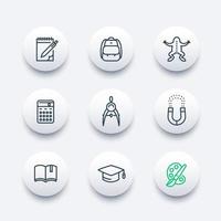 set di icone della linea scolastica, istruzione, college, studio, fisica, biologia, lettura, laurea, illustrazione vettoriale