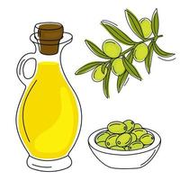 brocca di vetro disegnata a mano di olio d'oliva, ramo d'ulivo e olive verdi.