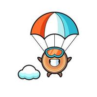 il fumetto della mascotte del grano di legno sta facendo paracadutismo con un gesto felice vettore
