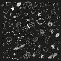 scarabocchio disegnato a mano di vettore dello spazio. pianeti, alieno, grande merlo acquaiolo, sole, buco nero, razzo, luna, satellite, asteroide, spirale, nuvola, stelle, ufo