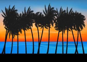 vista del paesaggio che disegna la natura dell'oceano con la palma e il crepuscolo dopo l'illustrazione di vettore del fondo del tramonto