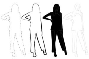 schizzo contorno della silhouette di una ragazza in un abito alla moda in piedi. doodle disegno a tratteggio in bianco e nero. vettore