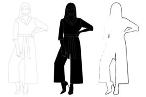 schizzo contorno della silhouette di una ragazza in un abito alla moda in piedi. doodle disegno a tratteggio in bianco e nero. vettore