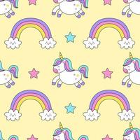 modello senza cuciture con unicorno simpatico cartone animato e arcobaleno. vettore