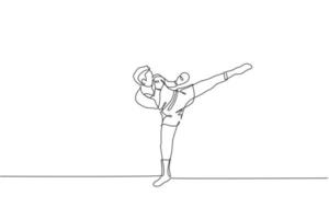 disegno a linea continua singola giovane sportivo che allena il pugilato tailandese al centro del club di ginnastica. concetto di sport combattivo muay thai. evento di gara. illustrazione grafica vettoriale di disegno di una linea alla moda