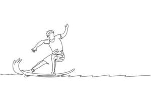 singola linea continua che disegna giovane surfista professionista in azione cavalcando le onde sull'oceano blu. concetto di sport acquatici estremi. vacanze estive. illustrazione grafica vettoriale di disegno di una linea alla moda