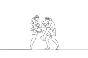 una linea continua disegna due giovani pugili muay thai sportivi che si preparano a combattere lo sparring all'arena di boxe. concetto di gioco di sport di combattimento. illustrazione grafica vettoriale dinamica con disegno a linea singola