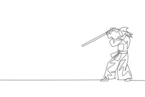 un disegno a linea singola giovane uomo energico esercizio difesa kendo mossa con spada di legno in palestra centro grafico illustrazione vettoriale. concetto di sport da combattimento combattivo. moderno disegno a linea continua vettore
