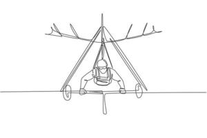 disegno a linea continua singola di un giovane turista che vola con il paracadute del deltaplano sul cielo. concetto di sport per vacanze estreme. illustrazione vettoriale di design grafico di una linea alla moda