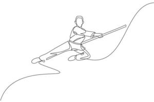 un disegno a linea continua di un maestro di wushu che salta, un guerriero di kung fu in kimono con un lungo bastone in allenamento. concetto di concorso sportivo di arte marziale. illustrazione vettoriale dinamica del disegno a linea singola