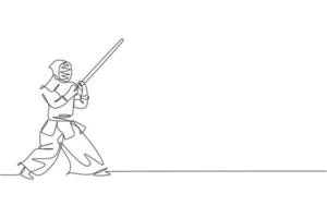 un disegno a linea continua giovane uomo sportivo allenamento kendo difesa mossa abilità nel centro dojo. concetto di sport di arte marziale da combattimento sano. illustrazione vettoriale dinamica del disegno a linea singola