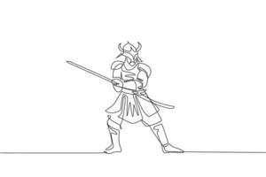 un disegno a linea continua di un giovane shogun samurai coraggioso che indossa una maschera pronto ad attaccare durante la sessione di allenamento. concetto di sport da combattimento di arte marziale. illustrazione vettoriale dinamica del disegno a linea singola