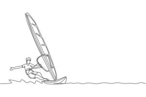 disegno a linea continua singola di un giovane surfista sportivo che gioca a windsurf nel mare. concetto di sport marino estremamente pericoloso. vacanze estive. illustrazione vettoriale di disegno di una linea alla moda