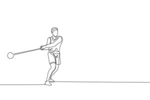 un disegno a linea singola di un giovane energico esercizio per lanciare potentemente il martello sull'illustrazione grafica vettoriale del campo. concetto di sport atletico stile di vita sano. moderno disegno a linea continua