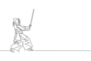 un disegno a linea singola giovane uomo energico esercizio difesa abilità di kendo con spada di legno in palestra centro illustrazione grafica vettoriale. concetto di sport da combattimento combattivo. moderno disegno a linea continua vettore