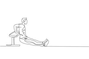 un disegno a linea continua di tricipiti di allenamento di un giovane che si tuffa nella palestra di allenamento fitness. concetto di stile di vita sportivo sano. stretching e allenamento. illustrazione vettoriale dinamica del disegno a linea singola