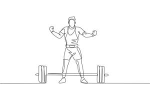 un disegno a linea singola di un giovane atleta in forma muscolare che solleva i bilancieri che si allenano in un'illustrazione vettoriale di palestra. sollevatore di pesi che si prepara per il concetto di allenamento. moderno disegno a linea continua