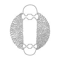 skateboard a linea continua singola, lato posteriore. skateboard vuoto in compensato per abilità freestyle. deck trasparente per sport di strada. stile di sfondo del cerchio di ricciolo di turbinio. vettore di disegno grafico a una linea