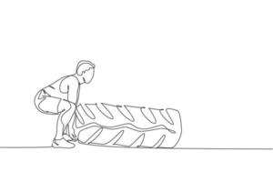 un disegno a linea continua di un giovane sportivo che lavora sollevare e spingere un grosso pneumatico pesante nel centro del club di palestra fitness. sano concetto di sport fitness. illustrazione vettoriale dinamica del disegno a linea singola